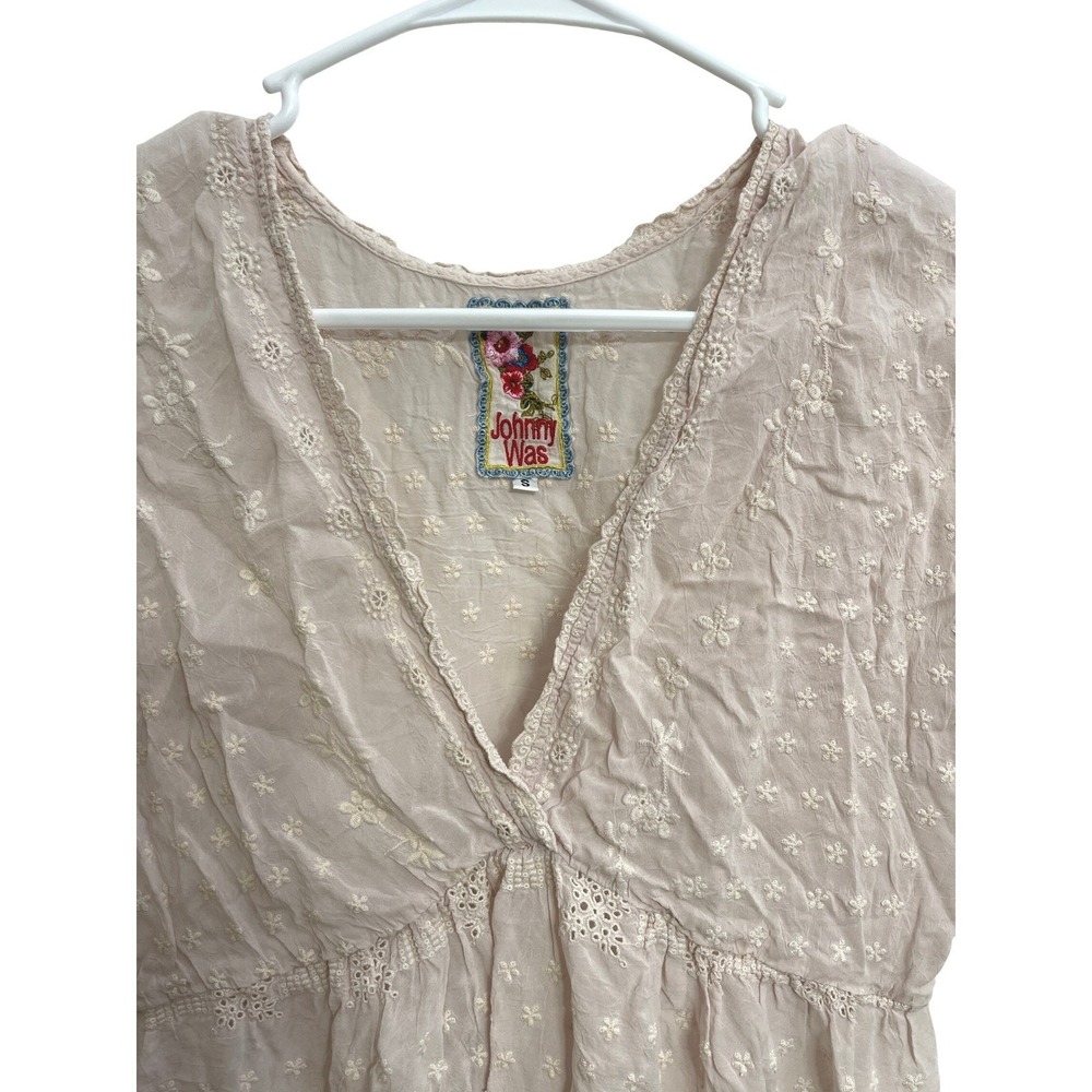 Johnny Was Cupro Embroidered Baby Pink Tunic Babydoll Top Boho Coquette Dainty S - Picture 2 of 3